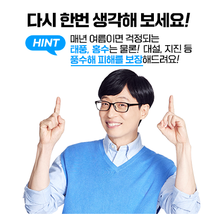 다시 한번 생각해 보세요! Hint 매년 여름이면 걱정되는 태풍, 홍수는 물론! 대설, 지진 등 풍수해 피해를 보장해드려요!