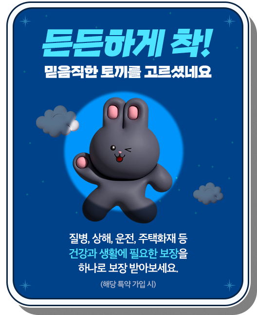 든든하게 착! 믿음직한 토끼를 고르셨네요 질병, 상해, 운전, 주택화재 등 건강과 생활에 필요한 보장을 하나로 보장 받아보세요.(해당 특약 가입 시)
