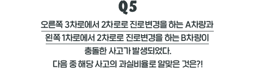 Q5. 1차로형 회전교차로에서, 먼저 진입하여 회전교차로 내에서 회전 중인 A차량과 회전교차로로 진입하는 B차량과 충돌하는 사고가 발생되었다. 다음 중 해당 사고의 과실비율로 알맞은 것은?!?!