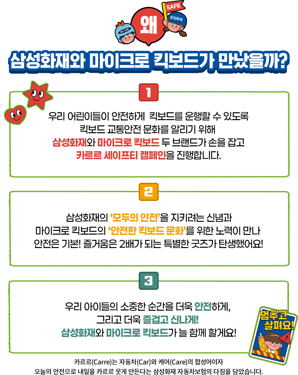 왜 SAFE 삼성화재와 미이크로 킥보드가 만났을까? 1. 우리 어린이들이 안전하게 킥보드를 운행할 수 있도록 킥보드 교통안전 문화를 알리기 위해 삼성화재와 마이크로 킥보드 두 브랜드가 손을 잡고 카르르 세이프티 캠페인을 진행합니다. 2. 삼성화재의 '모두의 안전'을 지키려는 신념과 마이크로 킥보드의 '안전한 킥보드 문화'를 위한 노력이 만나 안전은 기본! 즐거움은 2배가 되는 특별한 굿즈가 탄생했어요! 3. 우리 아이들의 소중한 순간을 더욱 안전하게, 그리고 더욱 즐겁고 신나게! 삼성화재와 마이크로 킥보드가 늘 함께 할게요 카르르(Carre)는 자동차(Car)와 케어(Care)의 합성어이자 오늘의 안전으로 내일을 카르르 웃게 만든다는 삼성화재 자동차보험의 다짐을 담았습니다.
