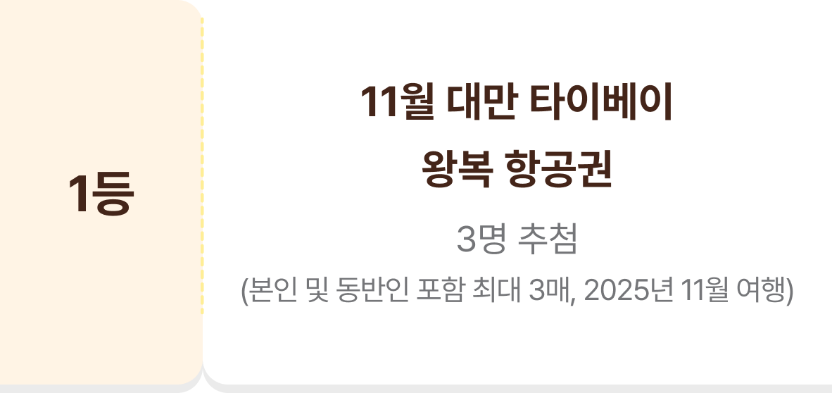 1등 11월 대만 타이베이 왕복 항공권 3명 추첨(본인 및 동반인 포함 최대 3매, 2025년 11월 여행)