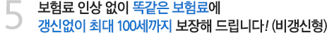 5. 보험료 인상 없이 똑같은 보험료에 갱신없이 최대 100세까지 보장해 드립니다! (비갱신형)