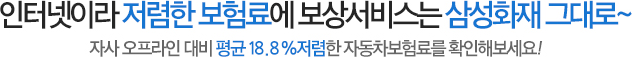 인터넷이라 저렴한 보험료에 보상서비스는 삼성화재 그대로~ 자사 오프라인 대비 평균 18.8% 저렴한 자동차보험료를 확인해보세요!'