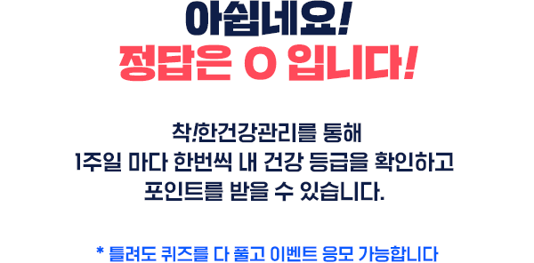 아쉽네요! 정답은 O 입니다! 착!한건강관리를 통해 1주일 마다 한번씩 내 건강 등급을 확인하고 포인트를 받을 수 있습니다. *틀려도 퀴즈를 다 풀고 이벤트 응모 가능합니다.