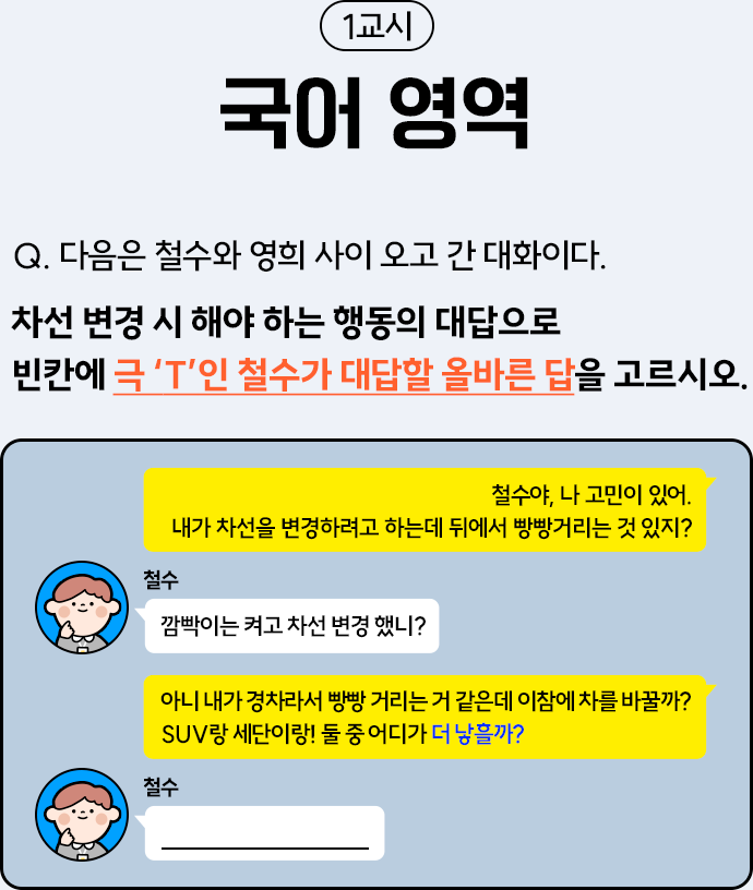 1교시 국어 영역 Q.다음은 철수와 영희 사이 오고 간 대화이다. 차선 변경 시 해야 하는 행동의 대답으로 빈칸에 극 'T'인 철수가 대답할 올바른 탑을 고르시오