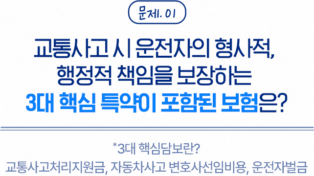 문제 01 교통사고 시 운전자의 형사적, 행정적 책임을 보장하는 3대 핵심 특약이 포함된 보험은? *3대 핵심밤보란? 교통사고처리지원금, 자동차사고 변호사선임비용, 운전자벌금